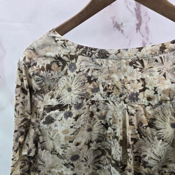 J Jill Shirt Womens Large P Petite Yellow Beige Floral Button Up Popover Notch - Picture 6 of 10